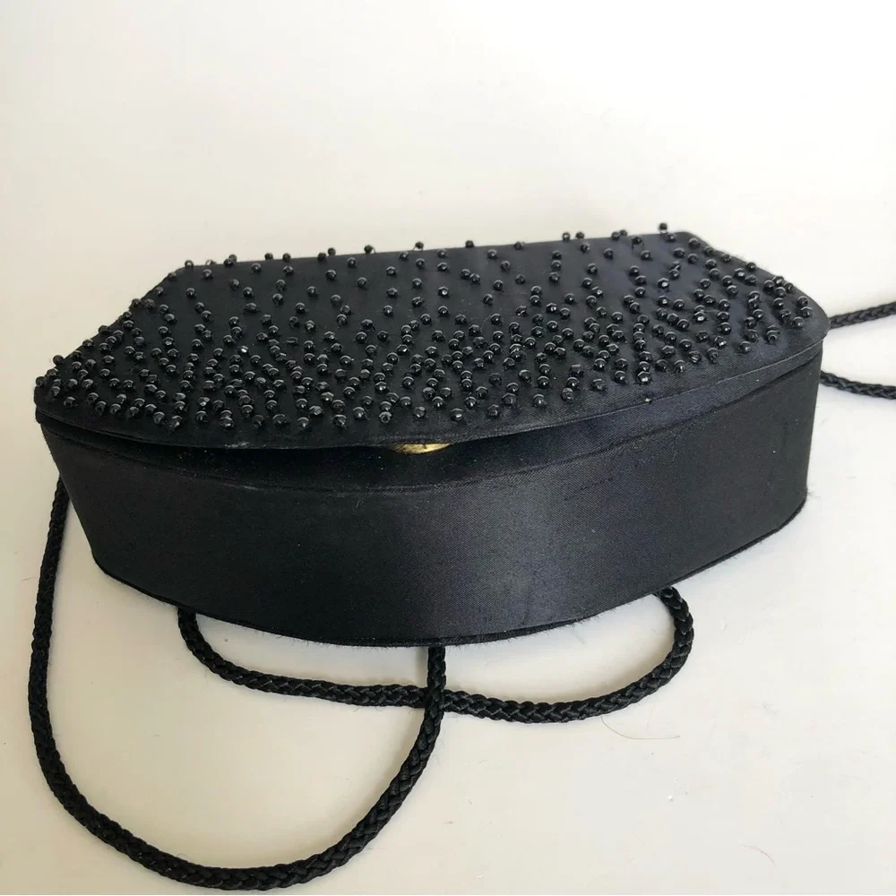La Regale Vintage Clutch Black Beaded Satin Purse